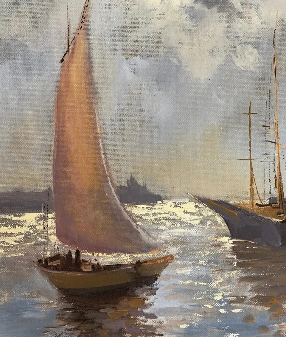Sailboat in a harbour, oil painting