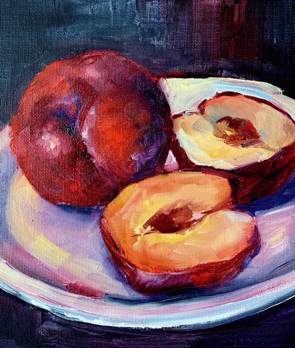 Peaches on a plate, oil painting
