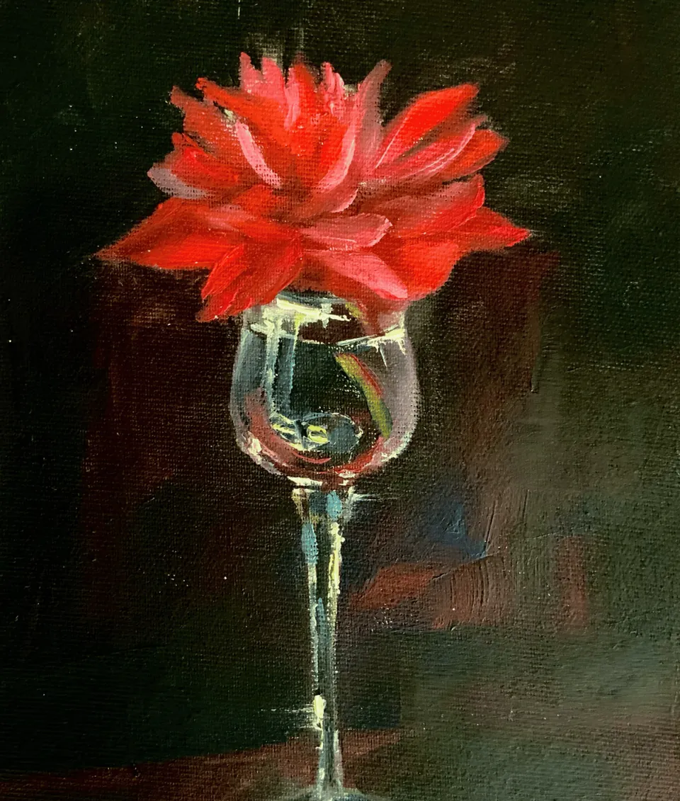 Red dahlia in a glass, oil painting